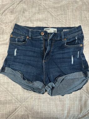 Garage Dark Blue Distressed Roll-Cuff Jean Shorts